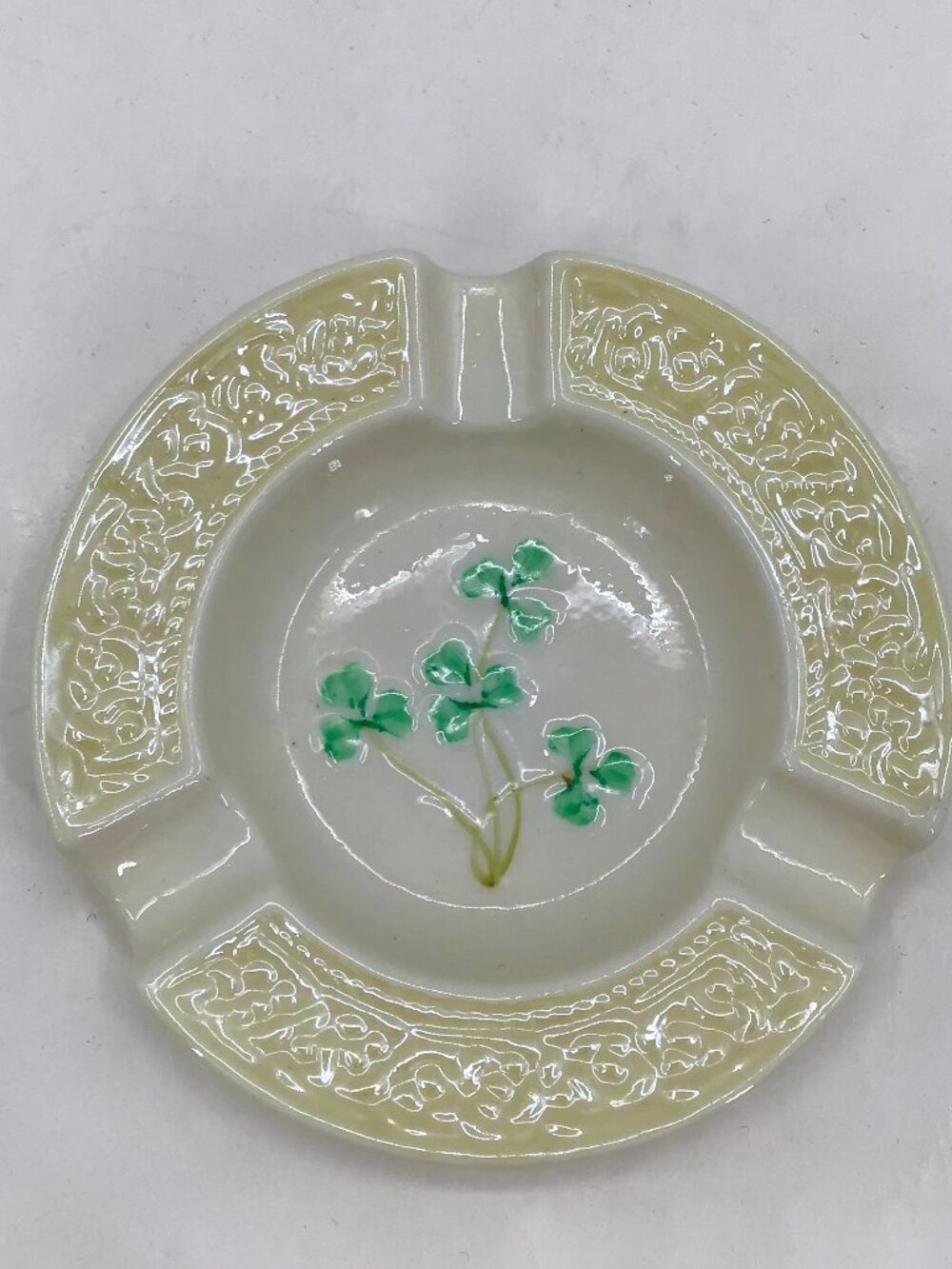 Vintage Porcelain Ashtray Hand Painted Belleek Ireland Pot O Gold Shamrocks